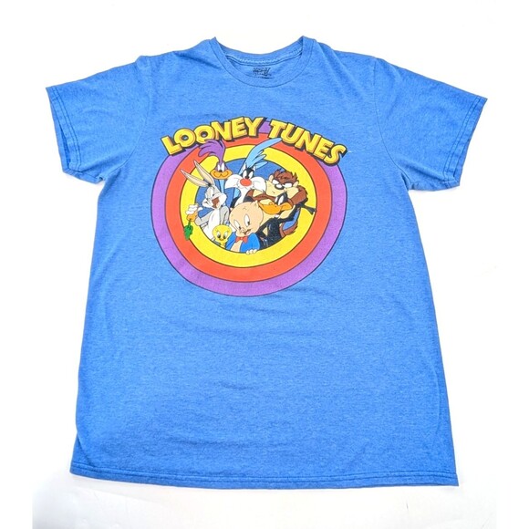 Looney Tunes Character Circle Logo Blue T-Shirt Bugs Taz Tweety Size Medium - Picture 1 of 5